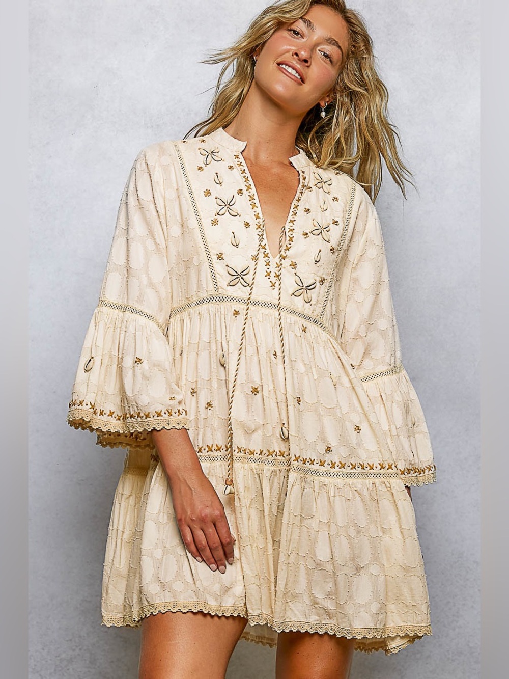 POL Cream Embroidered Tiered Mini Dress